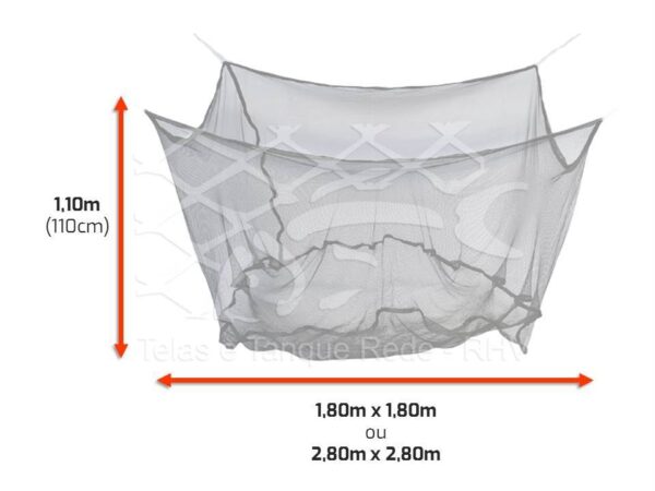 Características, detalhes e medidas do bolsão berçário de multifilamento de alevinagem