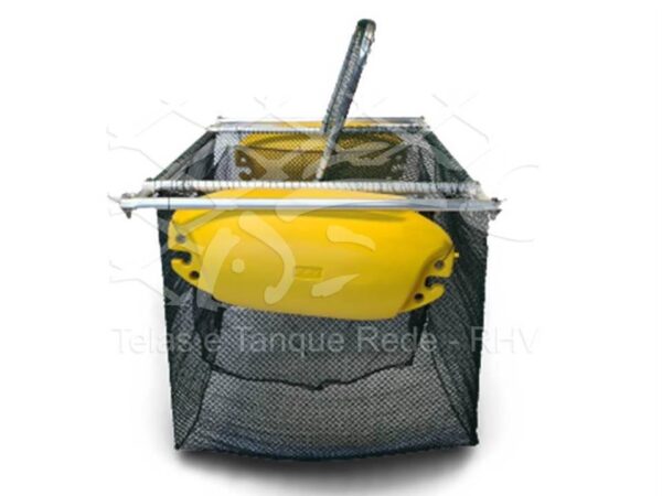 Tanque rede de estrutura em alumínio com tampa basculável, comedouro, flutuadores e bóias ideal para psicultura e aquicultura