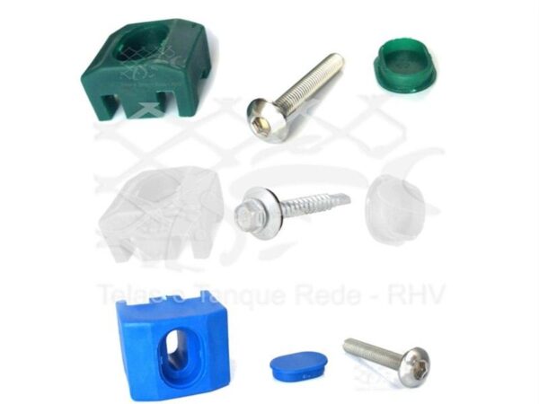 Modelos de fixador de gradil verde, branco e azul